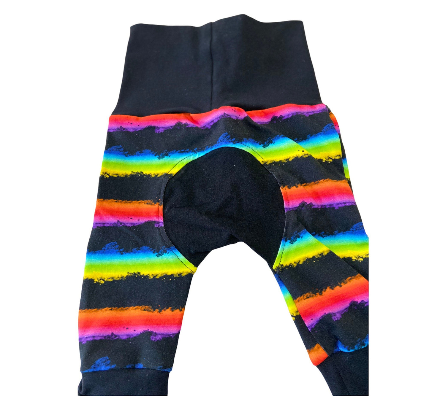 Grow with me pants, bum circle pants, baby pants, maxaloones, rainbow striped pants
