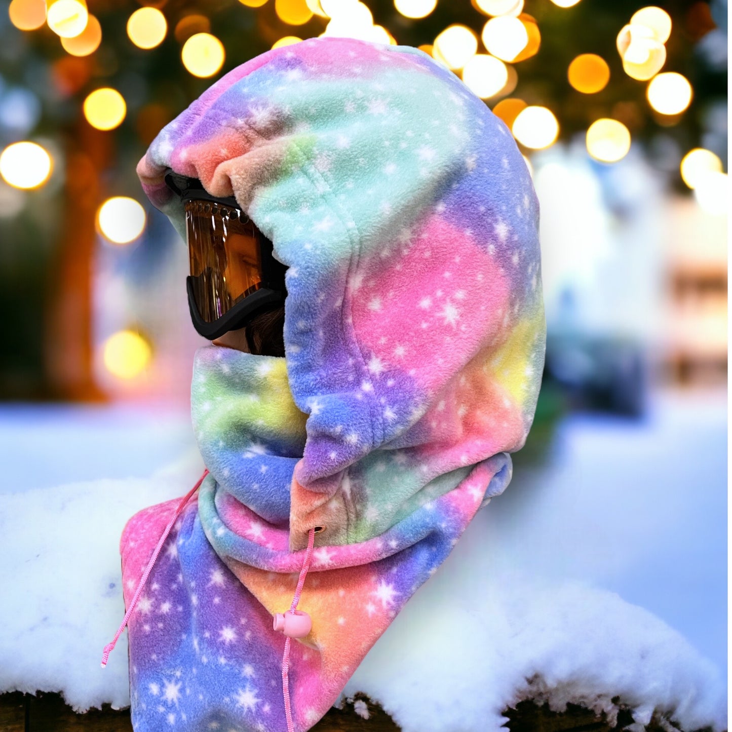 Adult Snow Hood, Over the Helmet Hood, Helmet Hoodie, Hood Face Mask, Snowboard Fleece Hood, Cotton Candy Stars, Ski hood