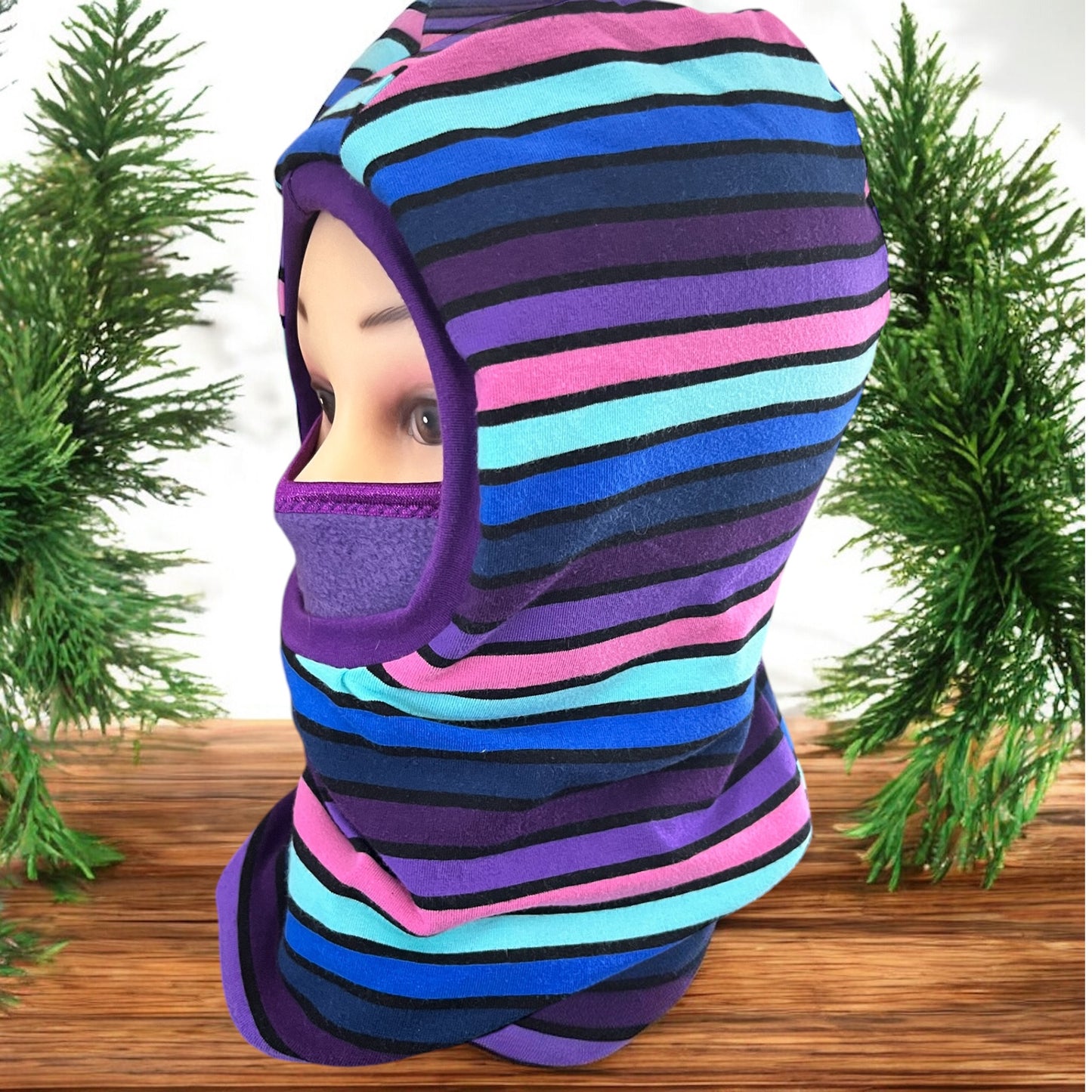 Child Balaclava, Fleece Hood, Winter Apparel, Purple Stripes Balaclava