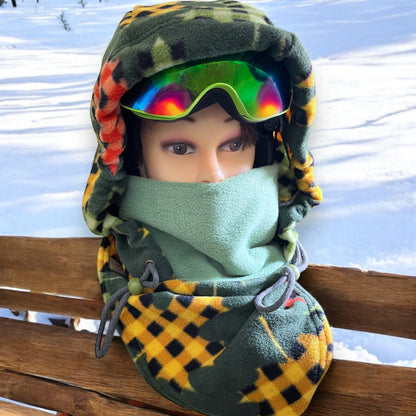 Adult Snow Hood, Over the Helmet Hood, Helmet Hoodie, Hood Face Mask, Snowboard Fleece Hood, Plaid Hood, Ski hood