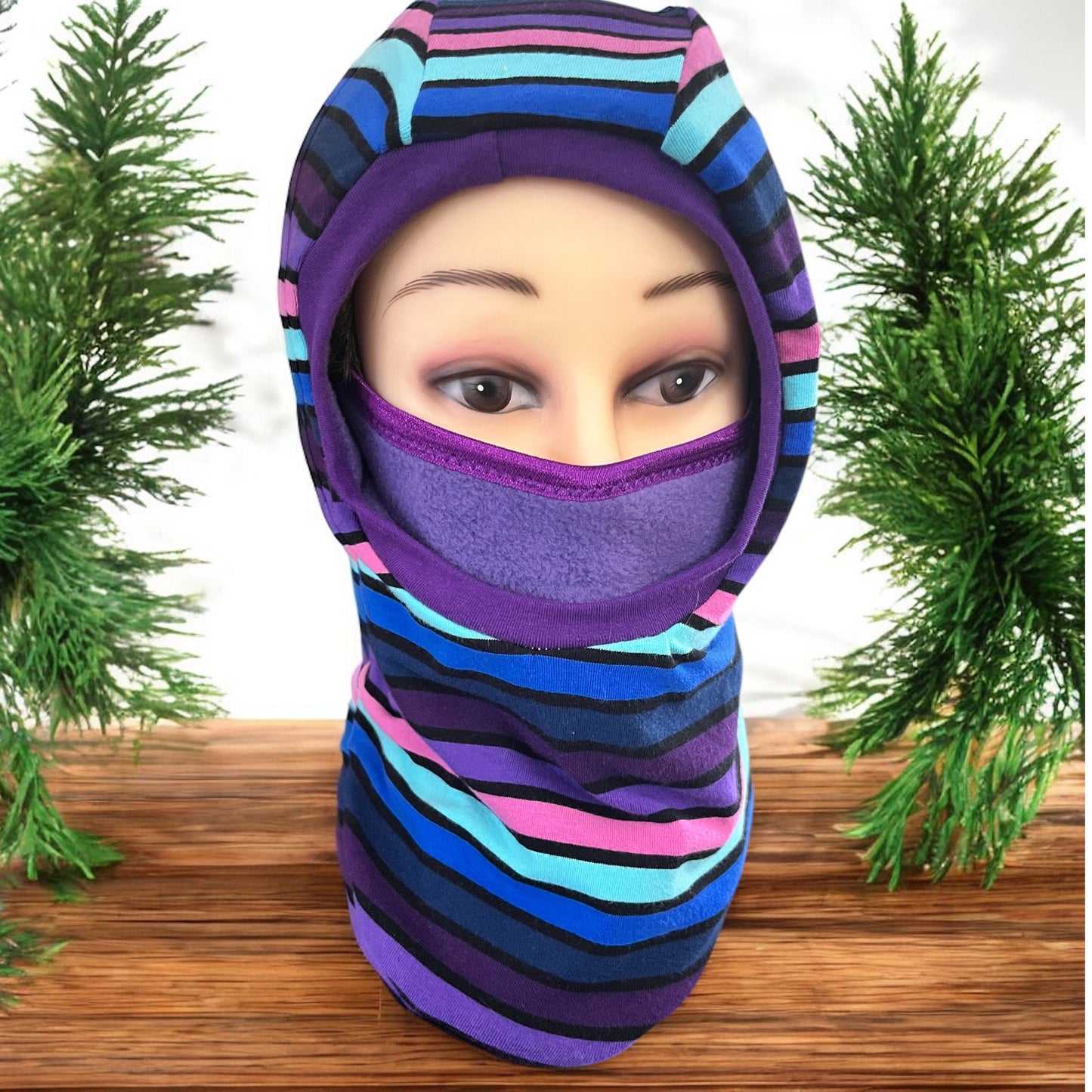 Child Balaclava, Fleece Hood, Winter Apparel, Purple Stripes Balaclava