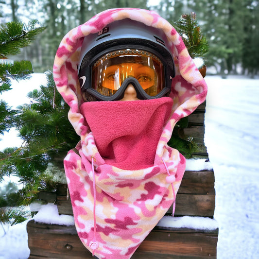 Child Snow Hood, Over the Helmet Hood, Helmet Hoodie, Hood Face Mask, Snowboard Fleece Hood, Pink Camo Hood, Ski hood