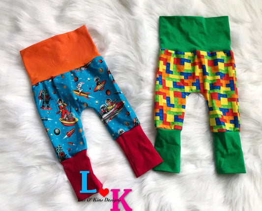 Grow with me pants, bum circle pants, newborn pants, maxaloones, lego pants, space pants