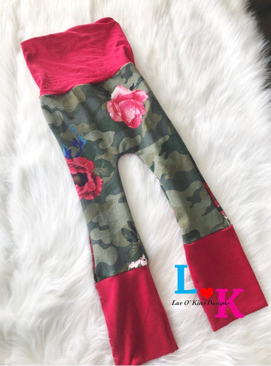 Grow with me pants, maxaloones, camouflage leggings, rose pants, toddler pants, baby pants