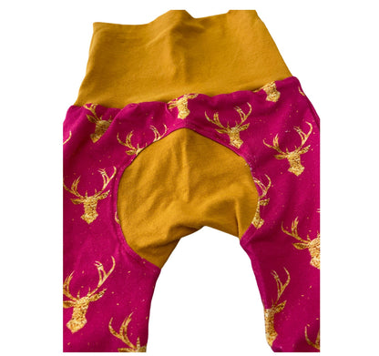 Grow with me pants, bum circle pants, baby pants, maxaloones, hunting print pants for girls