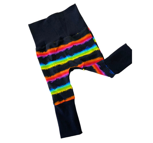 Grow with me pants, bum circle pants, baby pants, maxaloones, rainbow striped pants